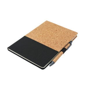 Custom Printed Cork Textured A5 Eco Notebook with matching cork and wheat straw pen — sustainable stationery for corporate gifts and eco branding.