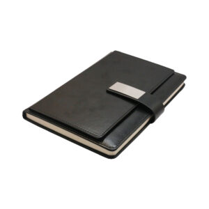 Eternity Premium Soft Thermal PU Leather Notebook with metal engraving plate, card slots, and document pocket — available in Black.
