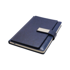 Eternity Premium Soft Thermal PU Leather Notebook with metal engraving plate, card slots, and document pocket — available in Blue.