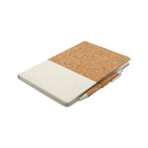 Cork Textured A5 Eco white Notebook with matching cork and wheat straw pen — sustainable stationery for corporate gifts and eco branding.