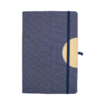 RPET Zephyr A5 Blue Bamboo Notebook with foldable phone stand and eco-friendly cover and Pen Loop Elastic.