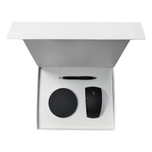 Customized gift set in a white box with a wireless charger, pen and mouse