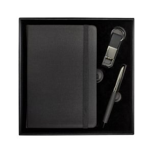 Infinity black pre-made gift set with a notebook, pen and keychain in a black box
