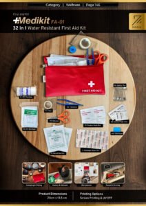 Medicit 32-in-1 water resistant red first aid kit pouch with bandages, scissors, tweezers, alcohol pads, wound pads and safety pins.