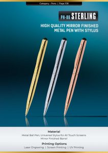 Sterling Signature Metal Pen in Gold, Silver, and Rose Gold with stylus tip and twist mechanism – luxury corporate gift pen.