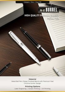 Burrell Executive Metal Pen with chrome accents and lacquer finish in black and white – luxury corporate pen.