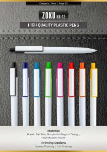 Zoku Plastic Pen with glossy white barrel and vibrant colored clip and push-button