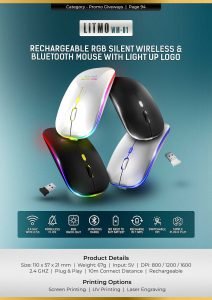 Litmo Black soft touch wireless mouse with RGB light-up logo, Bluetooth and 2.4GHz wireless connectivity for corporate gifting and promotional branding.