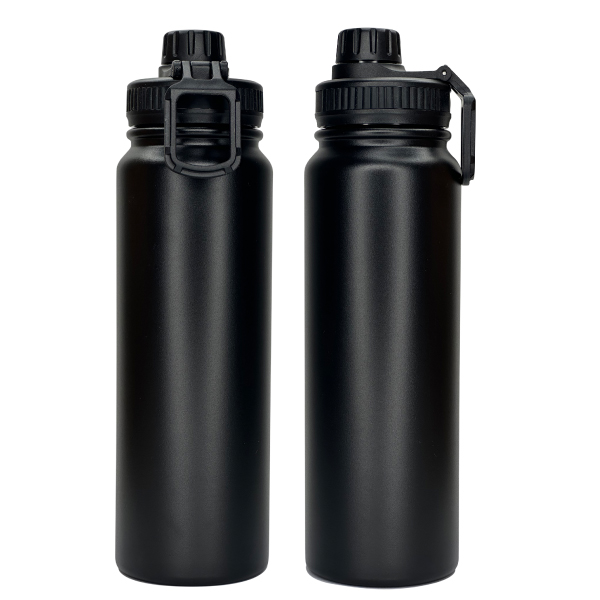 750ml double wall stainless steel bottle black matte powder-coated finish with handle and silicone design