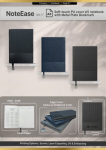 Black, Grey & Blue Flexible A5 soft cover PU notebook with ribbon Metal Plate bookmark.