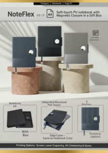 A5 dual-texture PU notebook with magnetic closure, pen holder, and box packaging