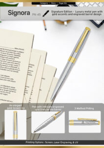 Luxury silver metal pen with gold accents and engraved barrel design