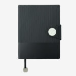 BLACK A5 dual-texture PU notebook with magnetic closure, pen holder, and box packaging