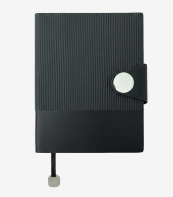 BLACK A5 dual-texture PU notebook with magnetic closure, pen holder, and box packaging