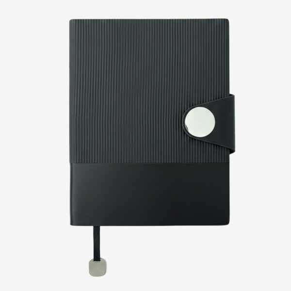 BLACK A5 dual-texture PU notebook with magnetic closure, pen holder, and box packaging