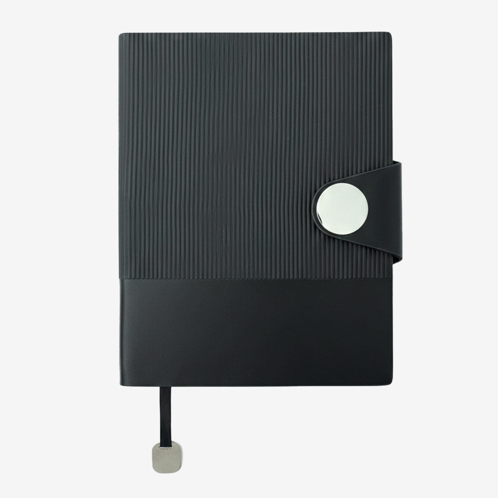 BLACK A5 dual-texture PU notebook with magnetic closure, pen holder, and box packaging