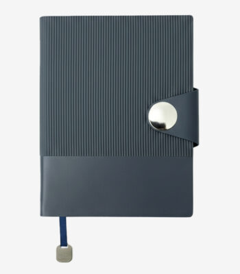 Blue A5 dual-texture PU notebook with magnetic closure, pen holder, and box packaging