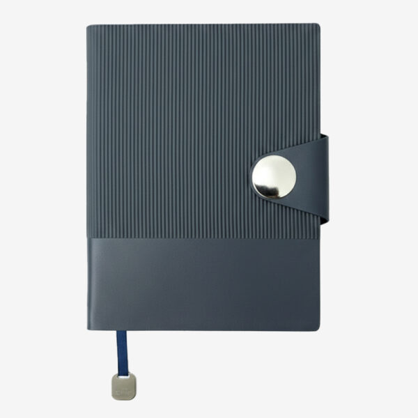 Blue A5 dual-texture PU notebook with magnetic closure, pen holder, and box packaging