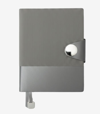 Grey A5 dual-texture PU notebook with magnetic closure, pen holder, and box packaging