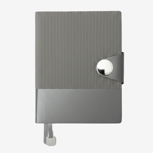 Grey A5 dual-texture PU notebook with magnetic closure, pen holder, and box packaging