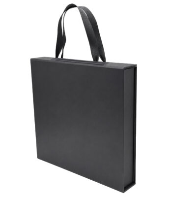 Premium Medium Black gift box with ribbon handle, EVA foam insert, cappa board, and protective sleeve for corporate gifting and luxury packaging