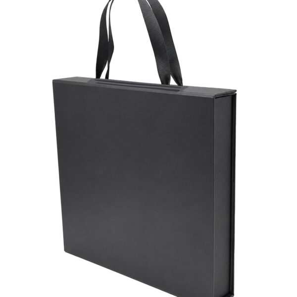 Premium Medium Black gift box with ribbon handle, EVA foam insert, cappa board, and protective sleeve for corporate gifting and luxury packaging