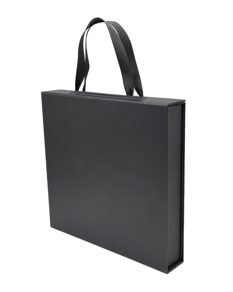 Premium Medium Black gift box with ribbon handle, EVA foam insert, cappa board, and protective sleeve for corporate gifting and luxury packaging