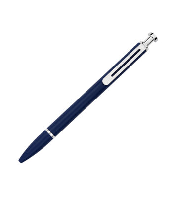 Premium matte blue metal push-button pen with chrome accents for corporate gifting and custom branding