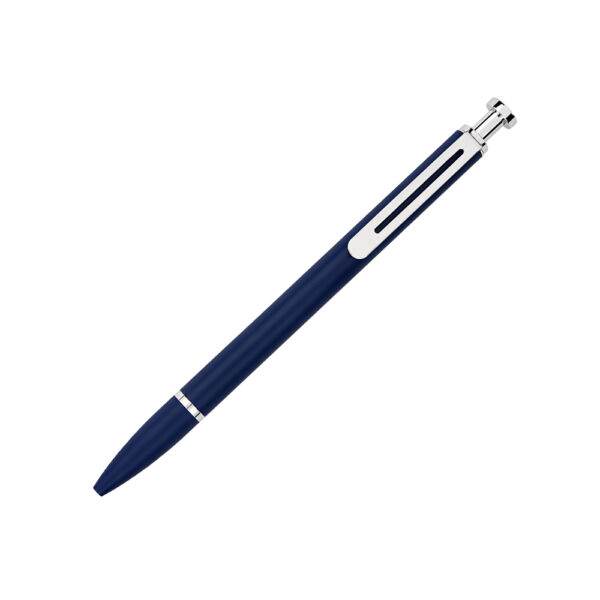 Premium matte blue metal push-button pen with chrome accents for corporate gifting and custom branding
