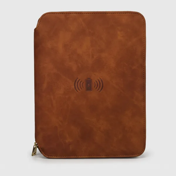Brown zip-around organizer with a wireless charging symbol on the cover