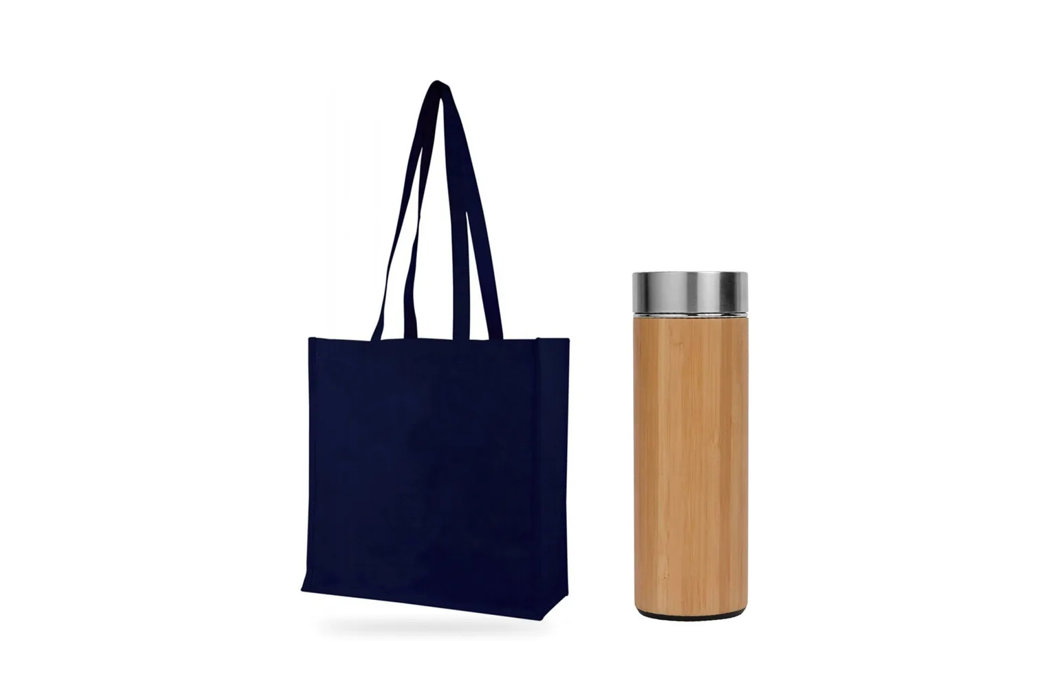 Canvas tote bag beside an insulated bottle.