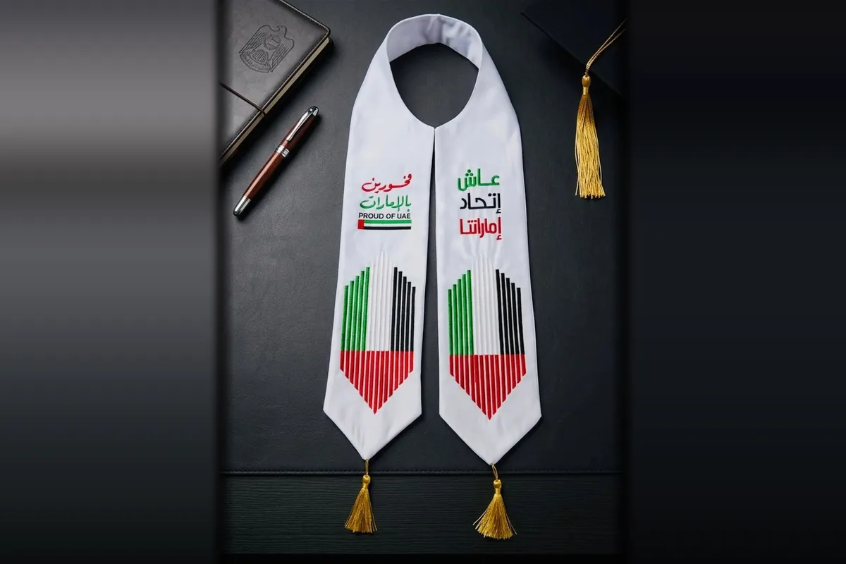 White stole with embroidered UAE flag stripe designs and Arabic and English wording, including Proud of UAE, on a dark desk with a notebook, pen and gold tassels
