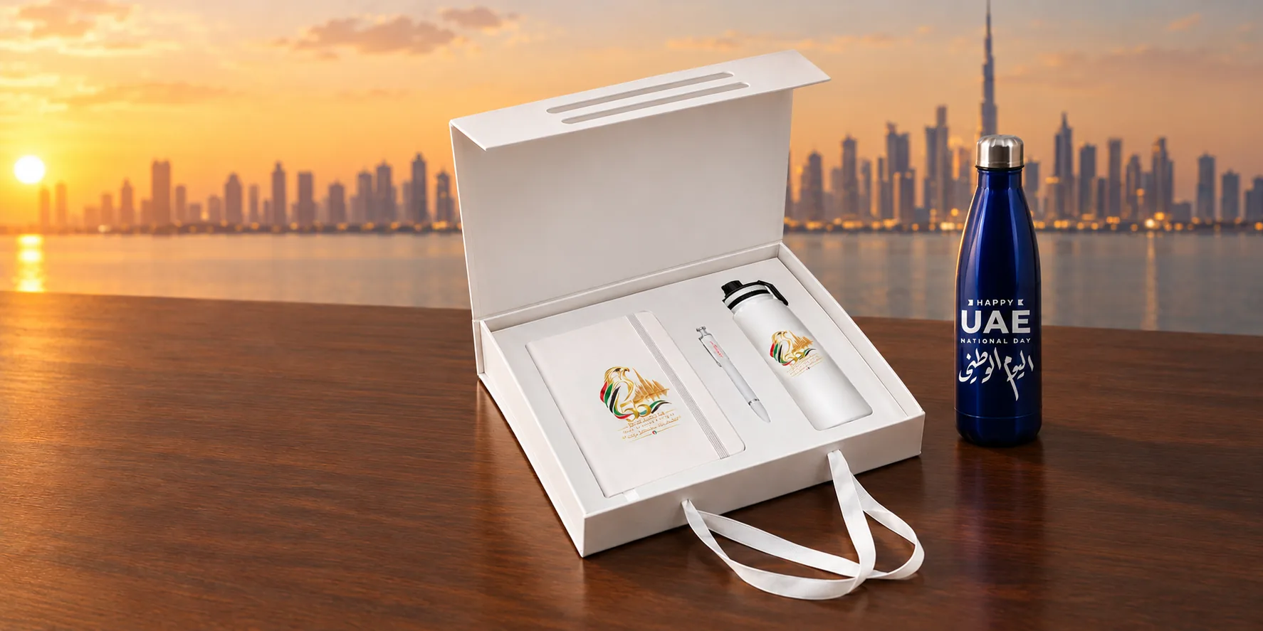 Open white gift box with a notebook, pen and bottle beside a navy bottle on a wooden table, with a city skyline at sunset behind