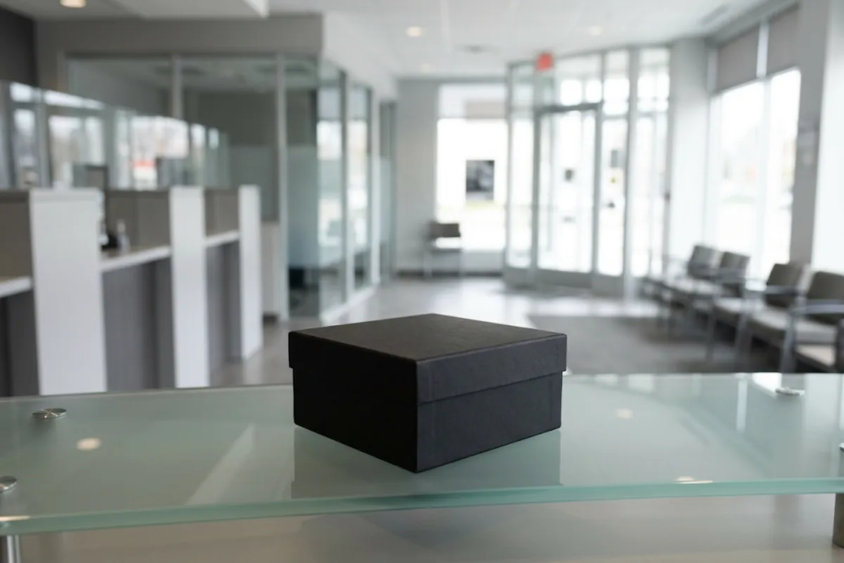 Black gift box on a glass reception desk in a bank lobby