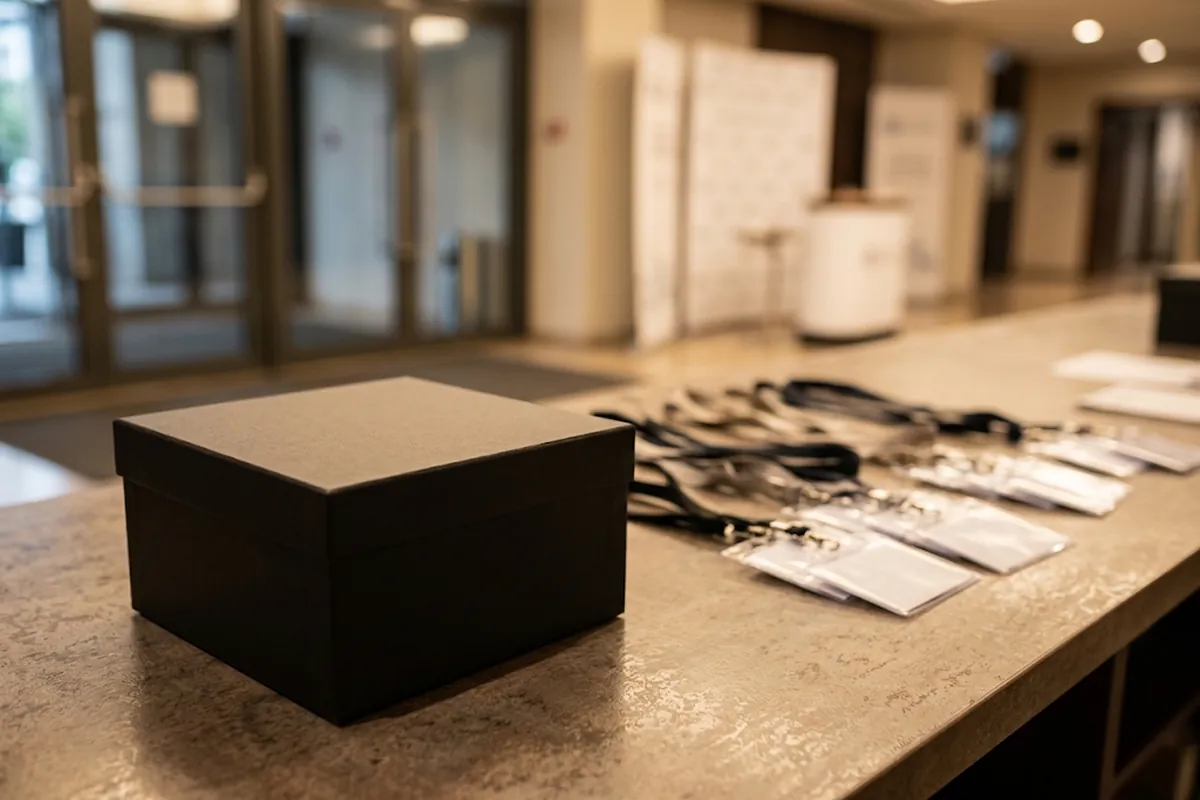 Black gift box on a conference registration desk beside lanyards and name badges