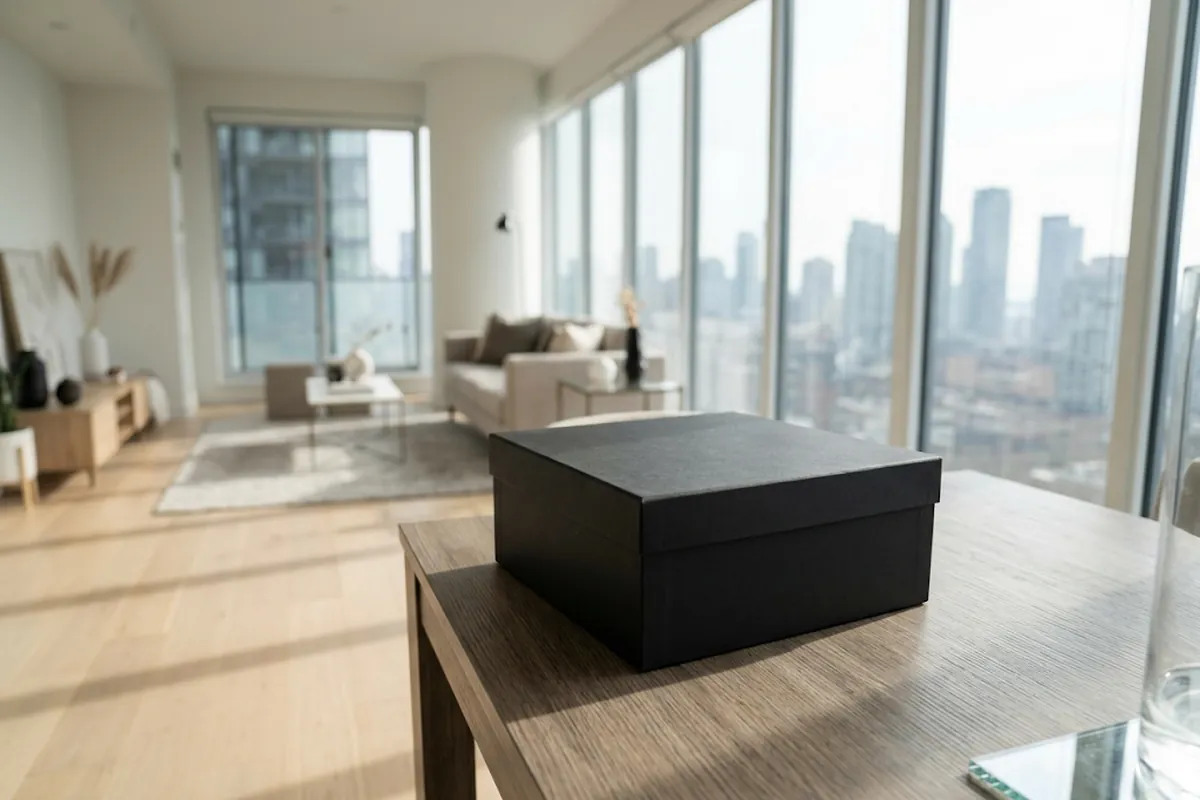 Black gift box on a table in a bright apartment with a city view